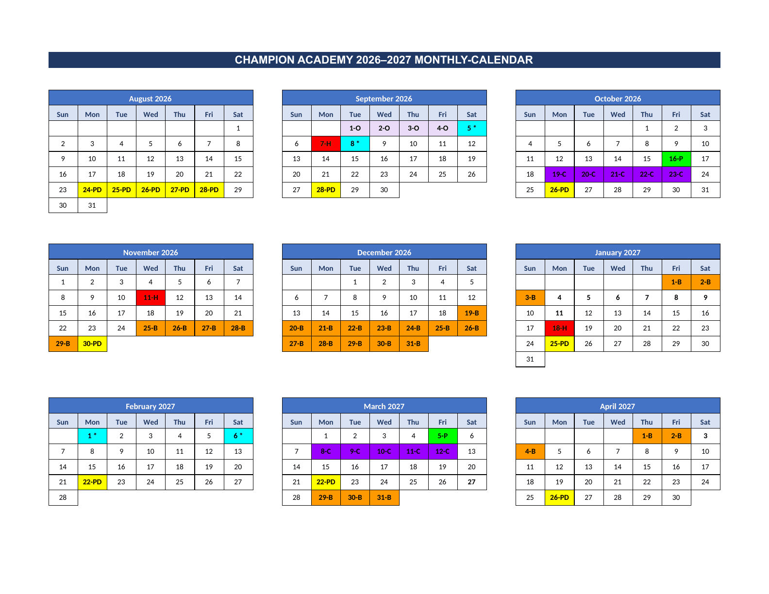 Champion Academy 2026-2027 monthly calendar page 1