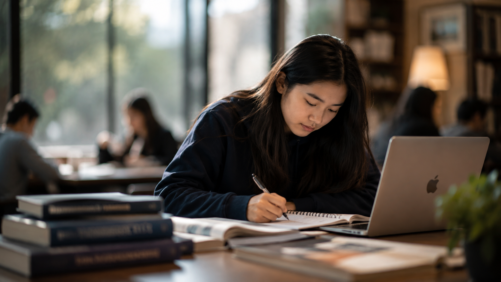 Champion Academy student studying with a laptop and books