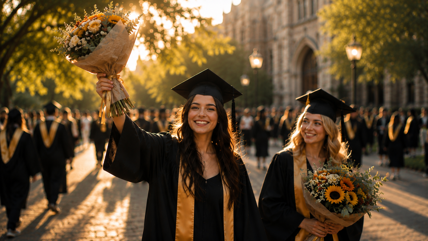 College preparation graduates celebrating on a university campus
