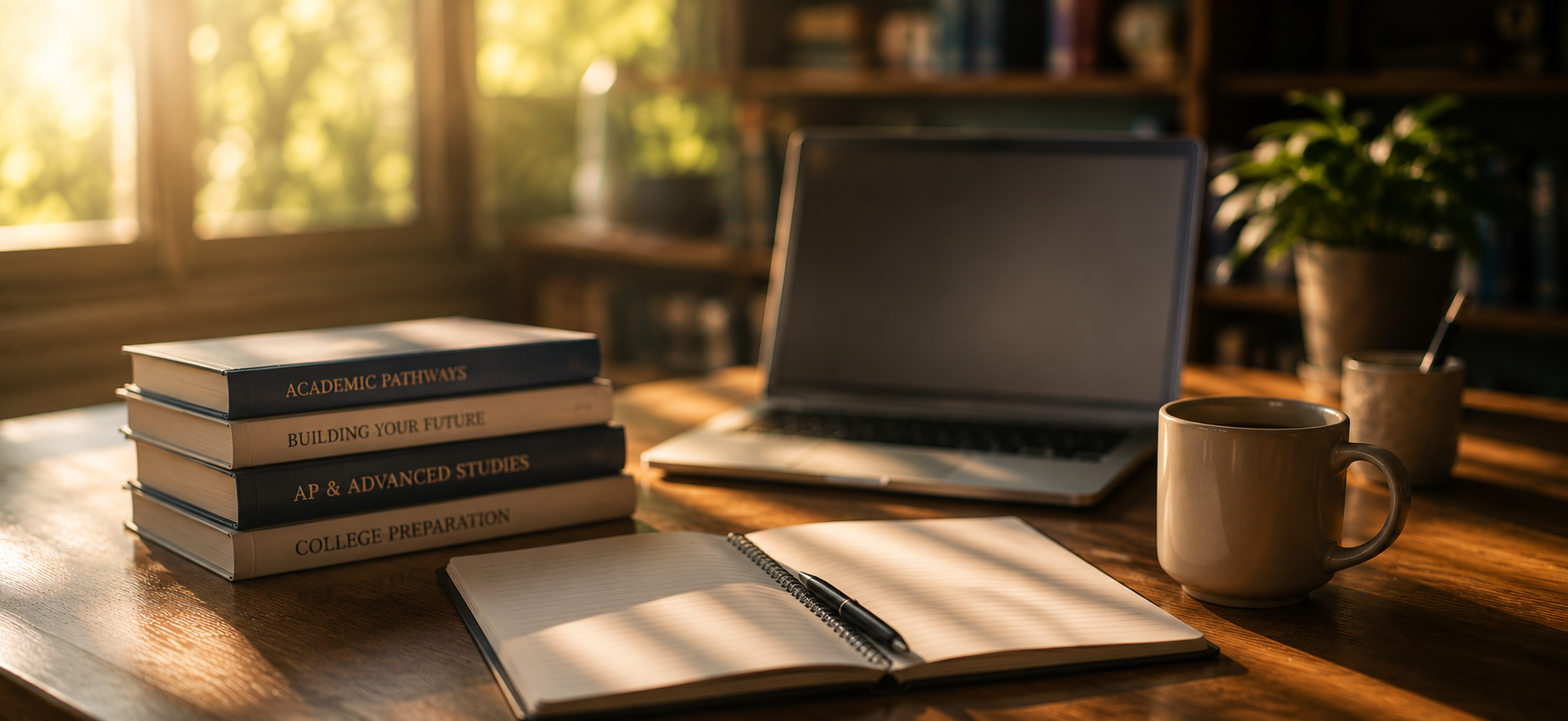 Course credit planning desk with academic pathway books, notebook, laptop, and coffee