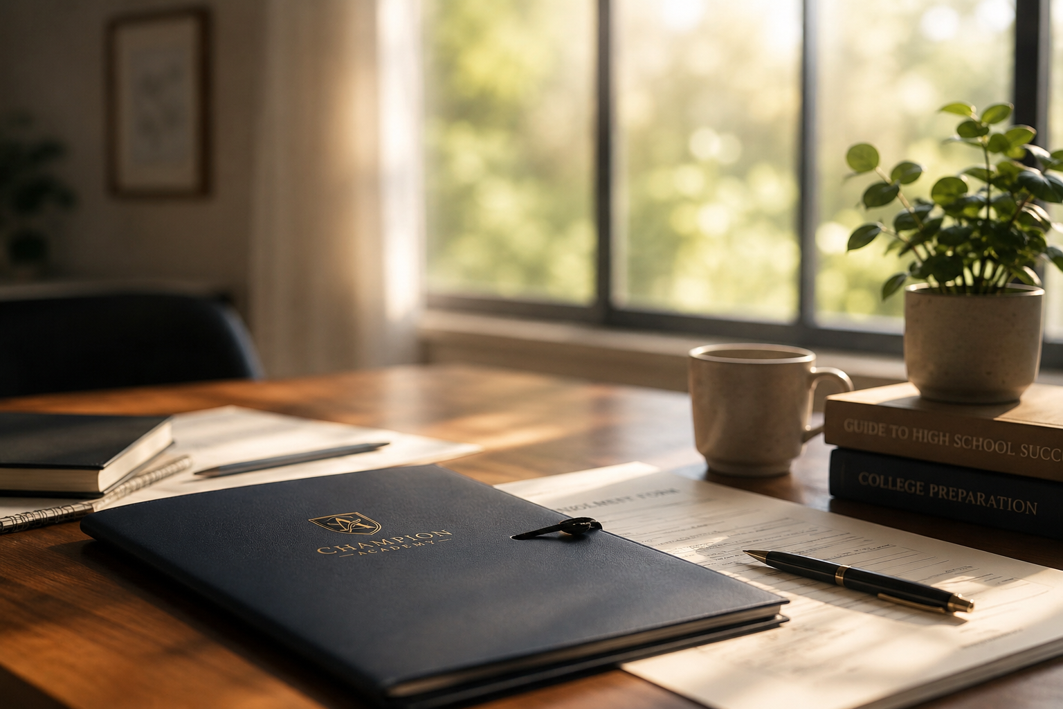 Champion Academy enrollment forms and admissions materials on a sunlit desk
